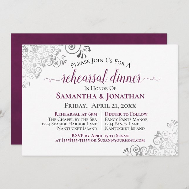 Frilly Magenta on White Wedding Rehearsal Dinner Invitation (Front/Back)