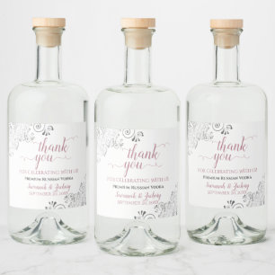 Frilly Silver Grey Rose & White Wedding Thank You Liquor Bottle Label