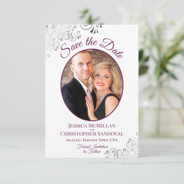 Frilly Silver & Magenta on White Photo Wedding Save The Date (Standing Front)