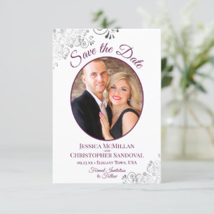 Frilly Silver & Magenta on White Photo Wedding Save The Date