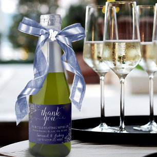 Frilly Silver on Navy Blue Wedding Thank You Mini Sparkling Wine Label