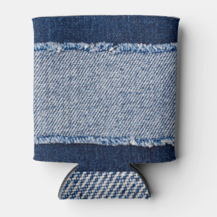Fringed denim blue jeans frame. can cooler