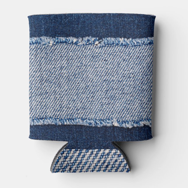 Fringed denim blue jeans frame. can cooler (Front)