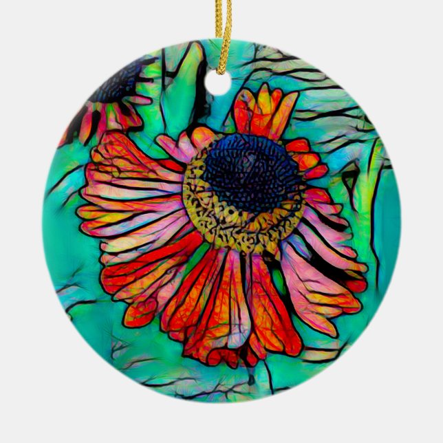 Fringy Helenium with a Stained Glass Look Ceramic Tree Decoration (Front)
