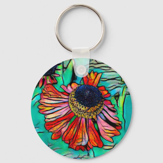 Fringy Helenium with a Stained Glass Look Key Ring (Front)