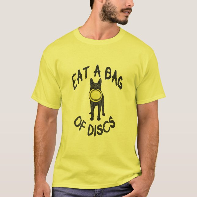 Frisbee Dog Eat a Bag of Discs German Shepherd T-Shirt (Front)