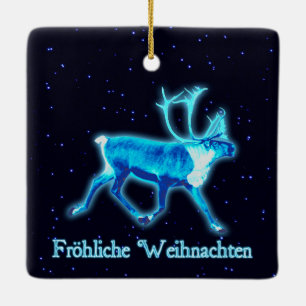 Froehliche Weihnachten - Blue Caribou (Reindeer) Ceramic Tree Decoration