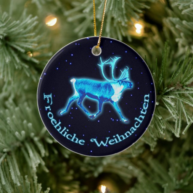 Froehliche Weihnachten - Blue Caribou (Reindeer) Ceramic Tree Decoration (Tree)