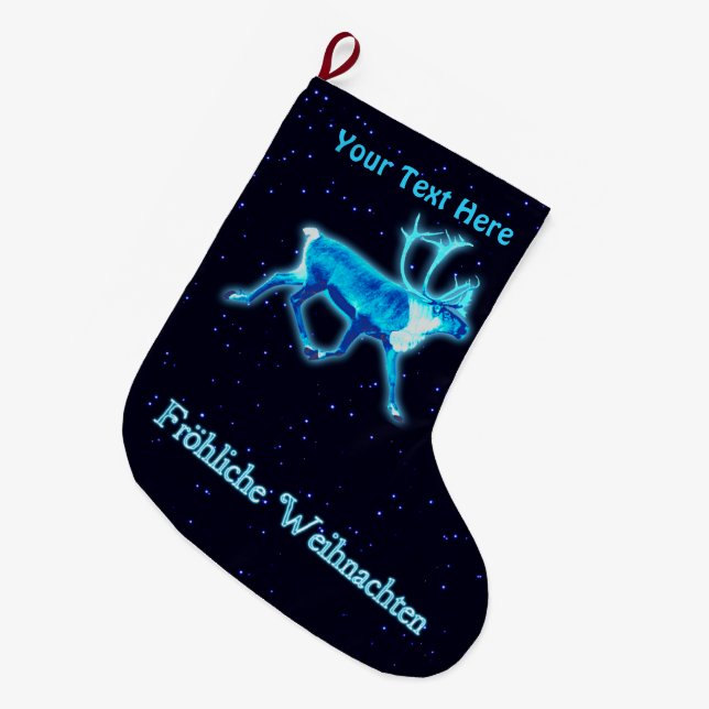 Froehliche Weihnachten - Blue Caribou (Reindeer) Large Christmas Stocking (Front (Hanging))