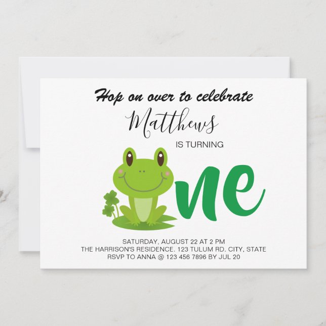 Frog 1st birthday party modern kids invitation (Front)