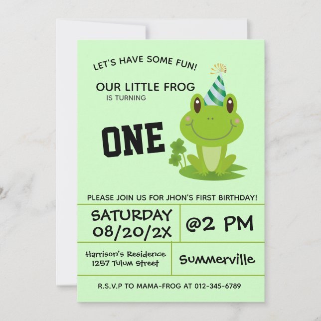 Frog 1st Birthday Party One year Green Froggy Invitation (Front)
