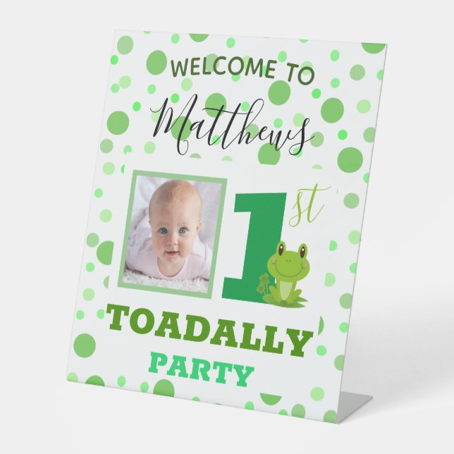 Frog 1st Birthday party photo Pedestal Sign (Front)