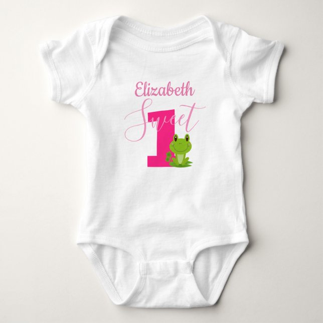 Frog 1st birthday Party Sweet One Baby girl name  Bodysuit (Front)