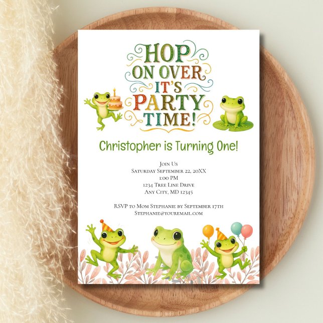 Frog 1st First Birthday Cute Trendy Invitation (Frog Birthday Kids Toddlers, 1st, 2nd, 3rd, 4th birthday party inviation)