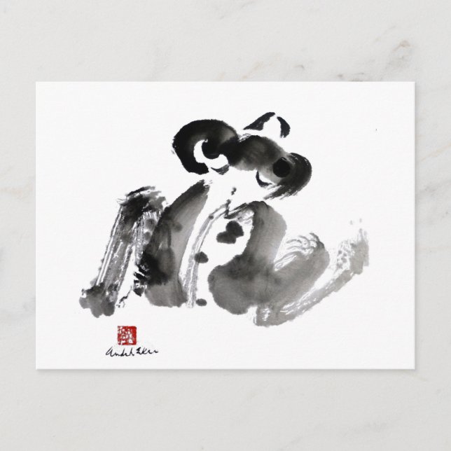 Frog, a traditional Sumi-e Ink Painting Postcard (Front)