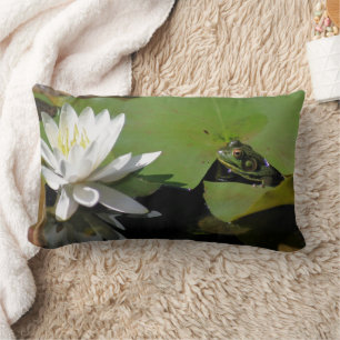 Frog Admiring Water Lily Lotus Flower Lumbar Cushion