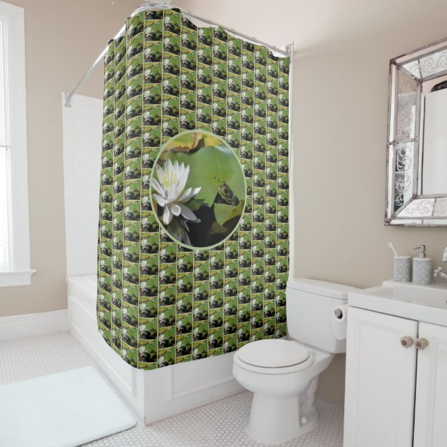Frog Admiring Water Lily Nature Shower Curtain (In Situ)