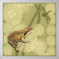 Frog and Dragonfly on Water Lilies