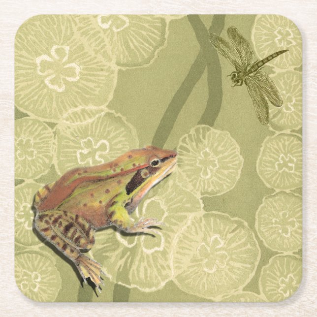 Frog and Dragonfly on Water Lilies Square Paper Coaster (Front)