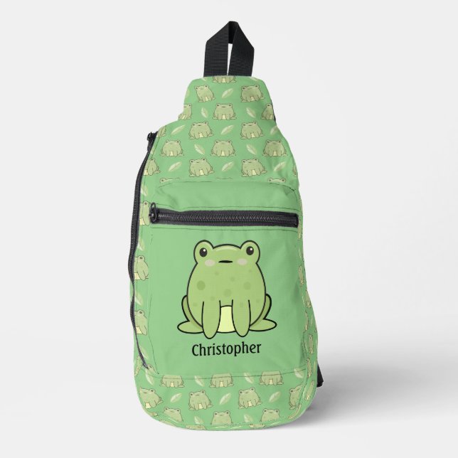 Frog And Leaf Pattern Custom Name Sling Bag (Front)