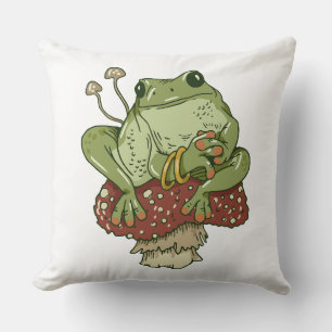 Frog and Mushrooms Cute Cottagecore Funny Toad Cushion