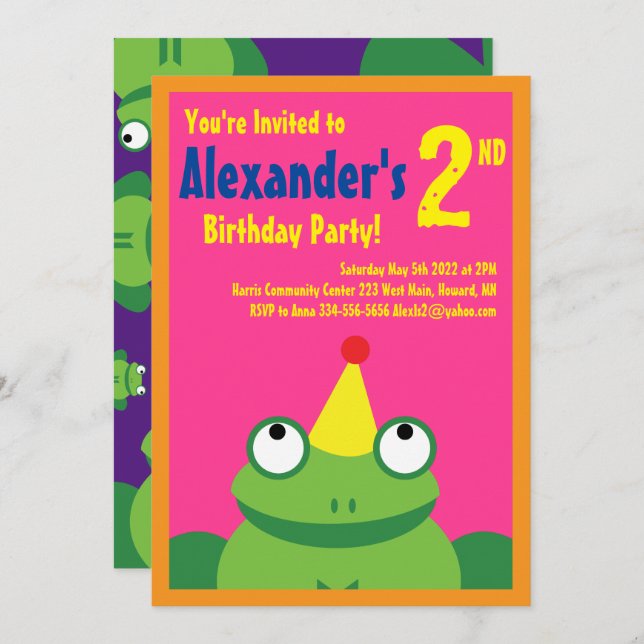 Frog Animal Kid's Birthday Party Invitations (Front/Back)