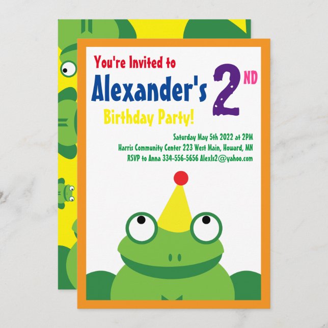 Frog Animal Kid's Birthday Party Invitations (Front/Back)