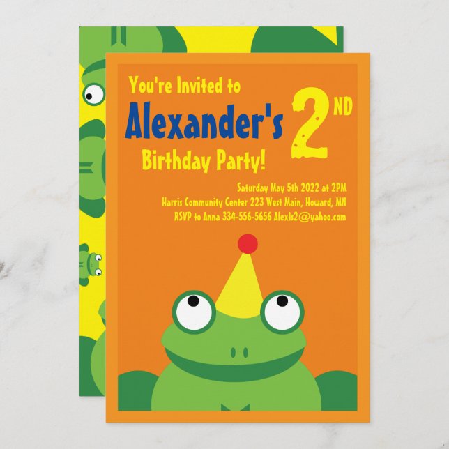Frog Animal Kid's Birthday Party Invitations (Front/Back)