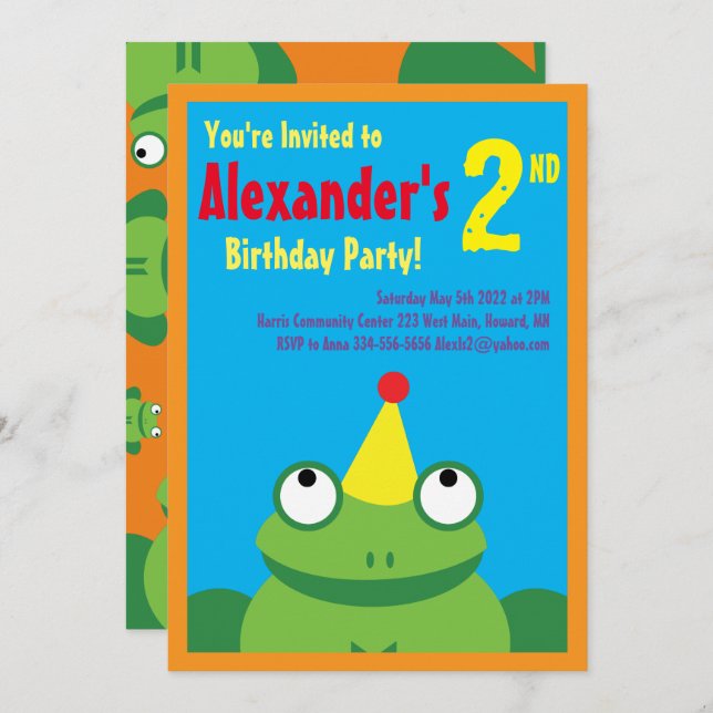 Frog Animal Kid's Birthday Party Invitations (Front/Back)