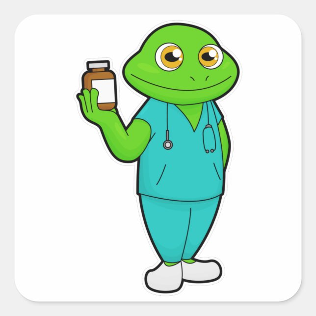 Frog as Nurse with Medicine & Stethoscope Square Sticker (Front)