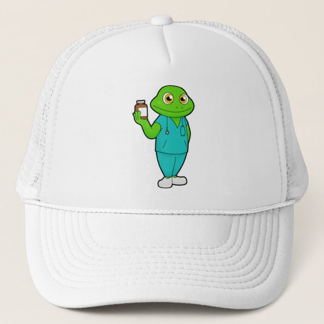 Frog as Nurse with Medicine & Stethoscope Trucker Hat (Front)