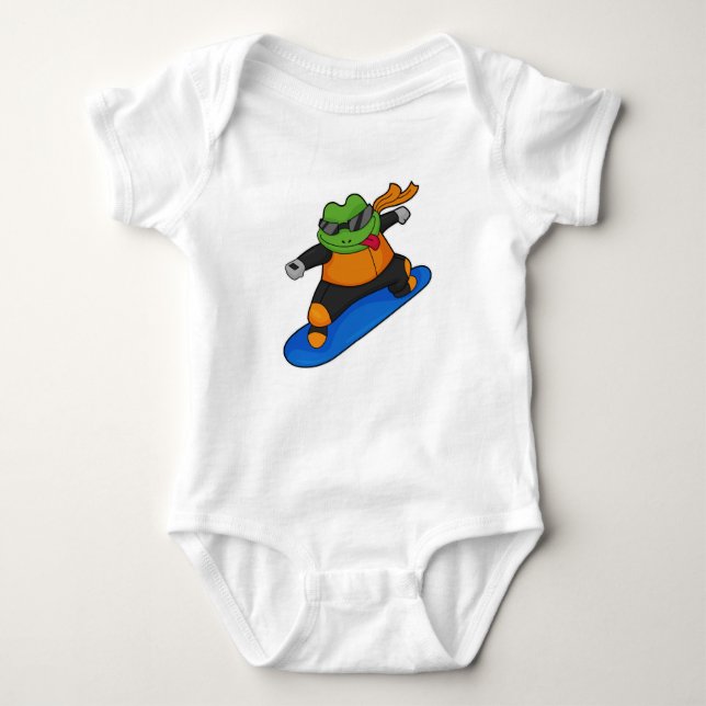 Frog as Snowobarder with Snowboard Baby Bodysuit (Front)