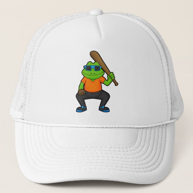 Frog at Baseball with Baseball bat & Sunglasses Trucker Hat (Front)