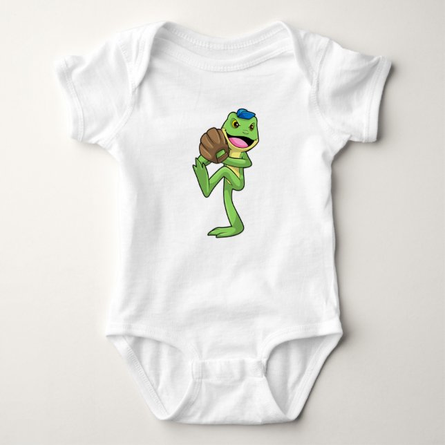 Frog at Baseball with Gloves Baby Bodysuit (Front)
