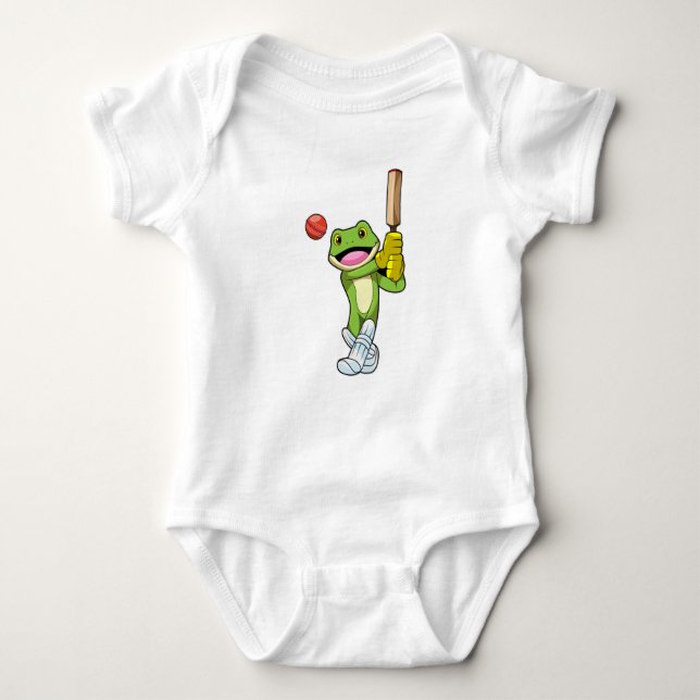 Frog at Cricket with Cricket bat Baby Bodysuit (Front)