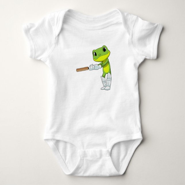 Frog at Cricket with Cricket bat Baby Bodysuit (Front)