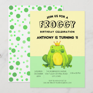Frog baby 1st birthday green confetti personalised invitation