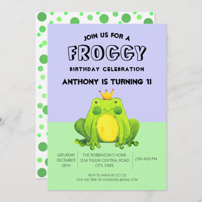 Frog baby 1st birthday green confetti personalised invitation (Front/Back)