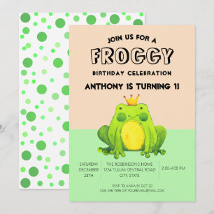 Frog baby 1st birthday green confetti personalised invitation