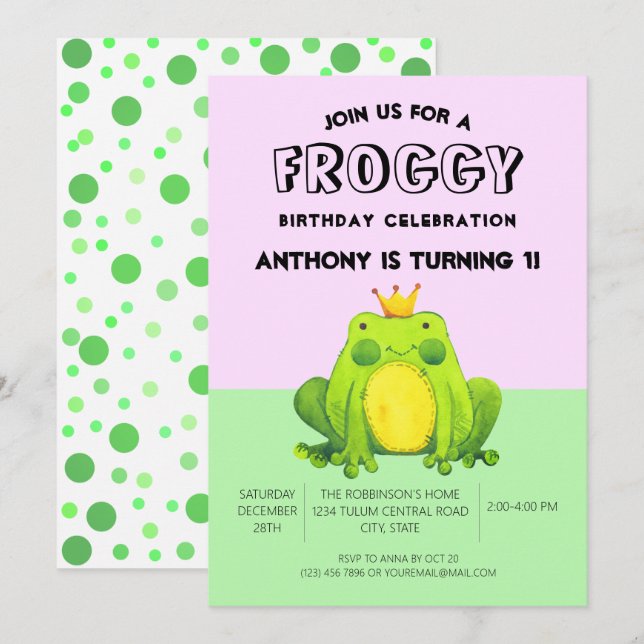 Frog baby 1st birthday green confetti personalised invitation (Front/Back)