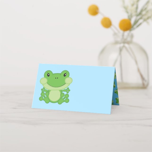 Frog Baby Shower Blue Place Card (Front)