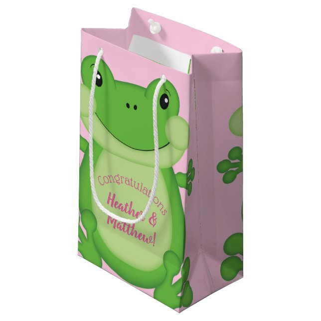 Frog Baby Shower Pink Girl Small Gift Bag (Front Angled)