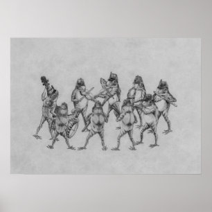 Frog Band, Whimsical Black and White Vintage  Poster