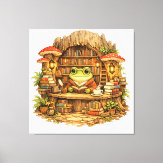 Frog Bookstore Shirt | Cottagecore Frog Reading Canvas Print