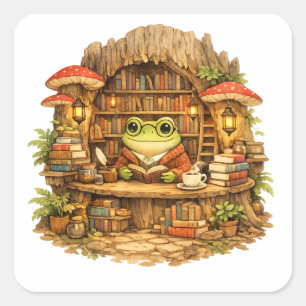 Frog Bookstore Shirt Cottagecore Frog Reading Square Sticker