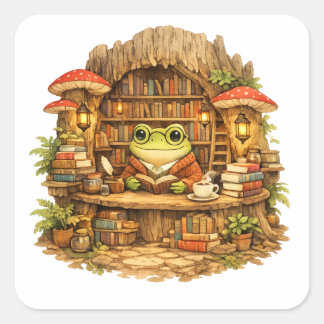 Frog Bookstore Shirt | Cottagecore Frog Reading Square Sticker