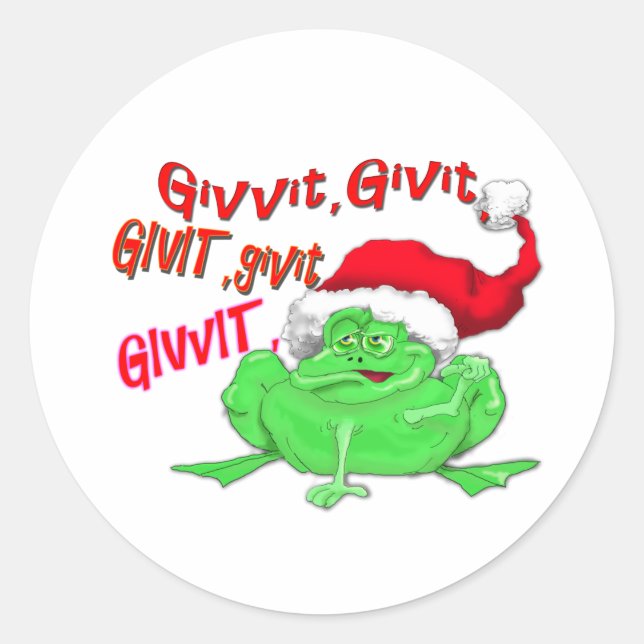 Frog cartoon with frog santa hat givit givit givit classic round sticker (Front)