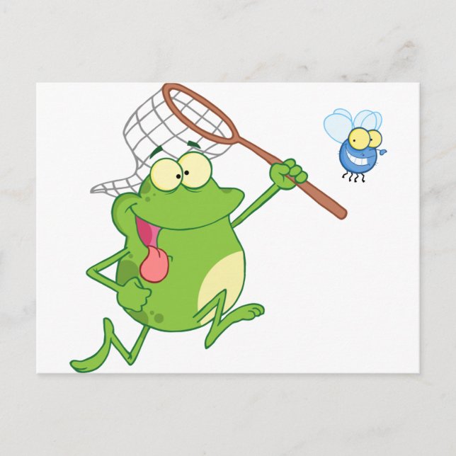 Frog chasing fly with net postcard (Front)