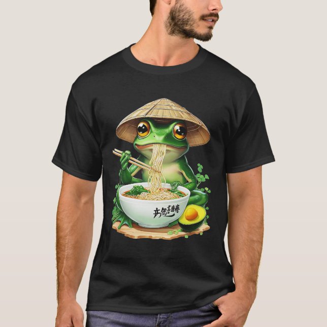 Frog Eating Ramen Kawaii Neko Japanese Noodles Ani T-Shirt (Front)