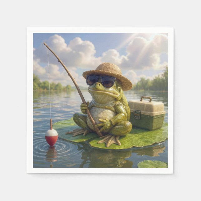 Frog Fishing From a Lily Pad Napkin (Front)